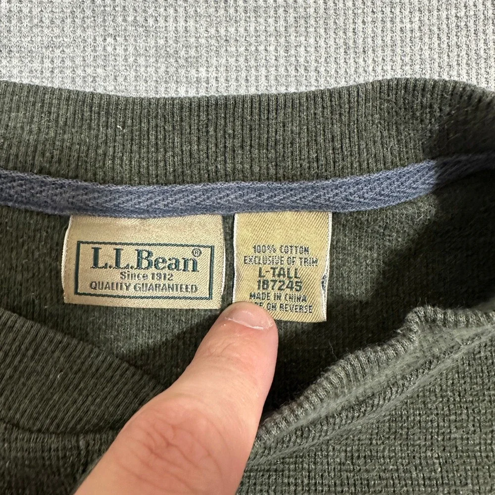 L.L Bean Henley Shirt Tall Long Sleeve Waffle Knit Olive Green Mens Large‎